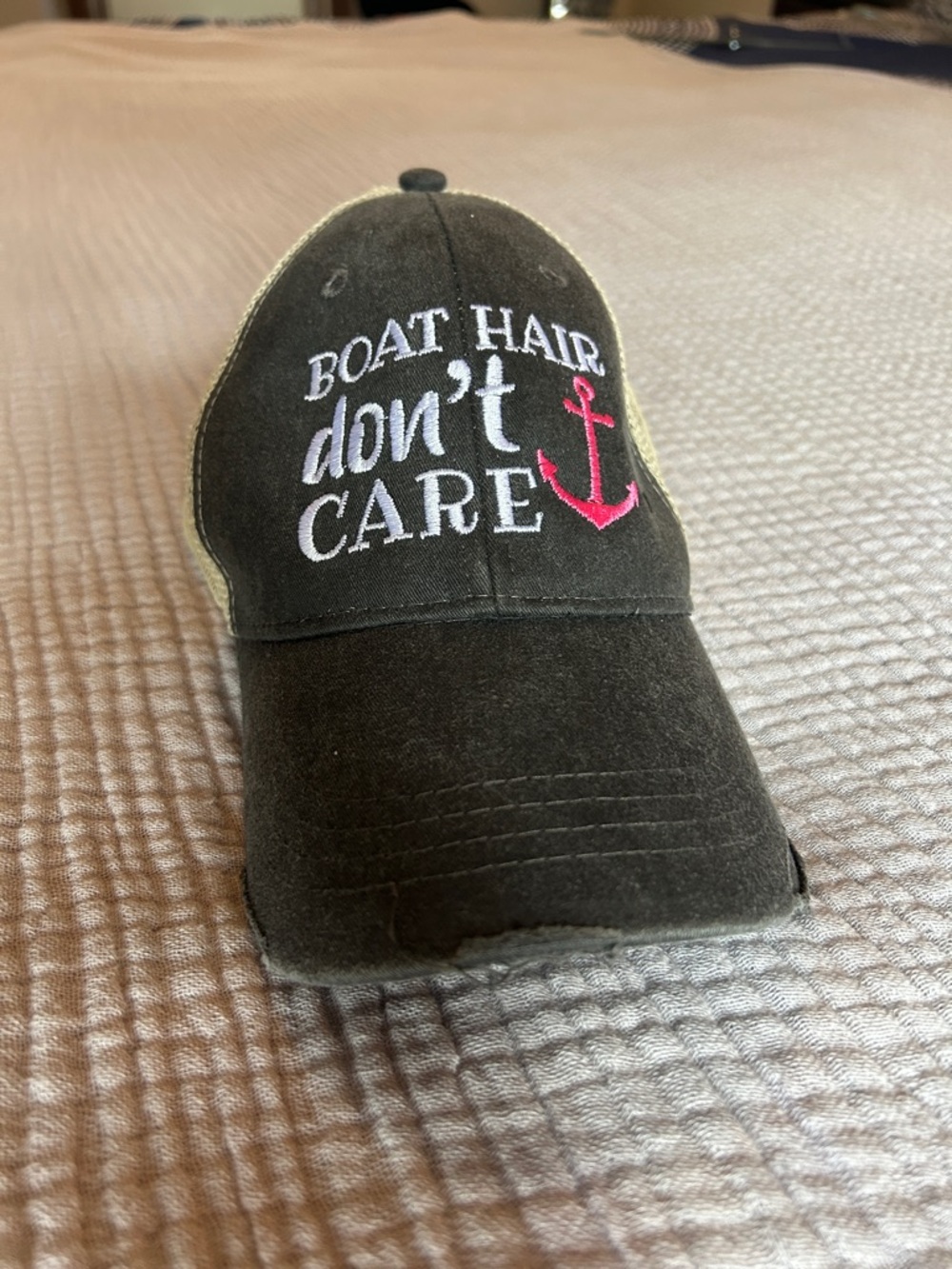 Embroidered 'Boat Hair Don't Care' Cap in Black with Pink Anchor